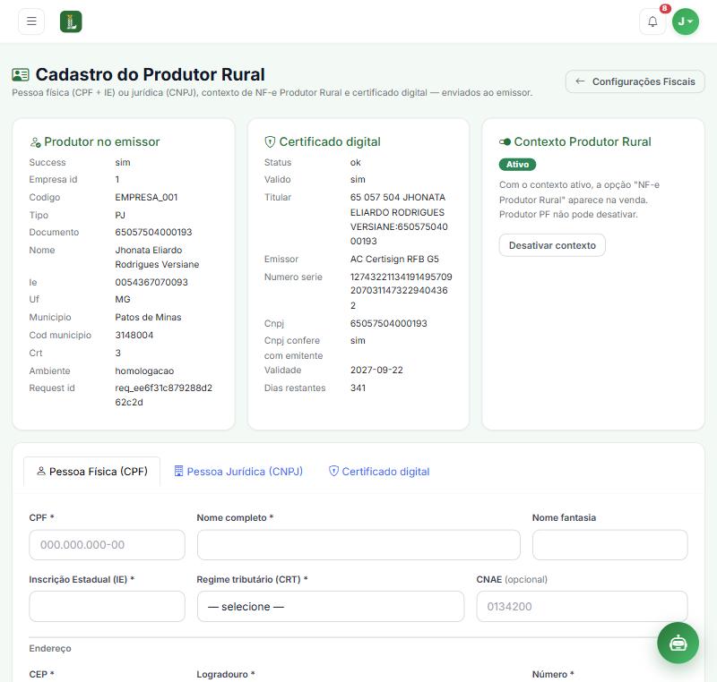 Cadastro do produtor e certificado digital