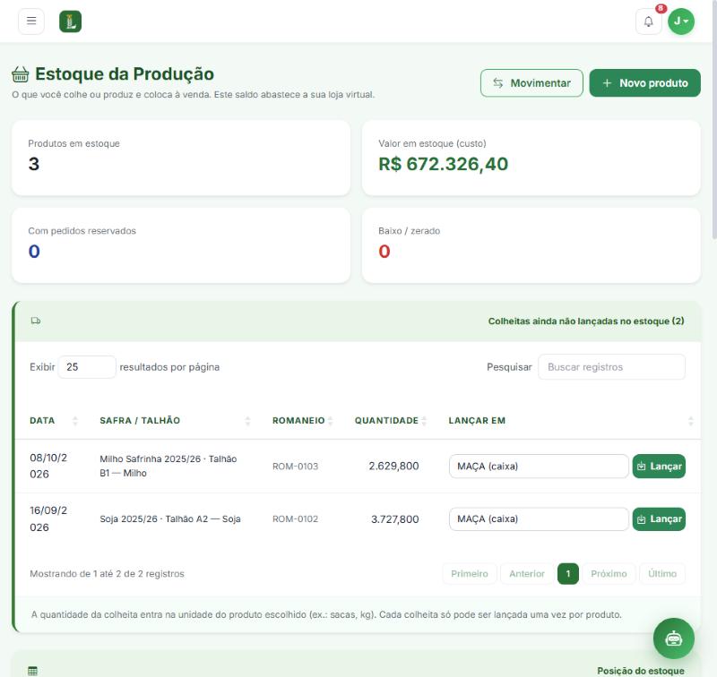 Tela do módulo Estoque da Produção